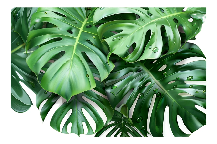 Monstera deliciosa leaves with water drops on white background