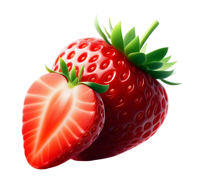 Whole and half strawberry isolated on white background