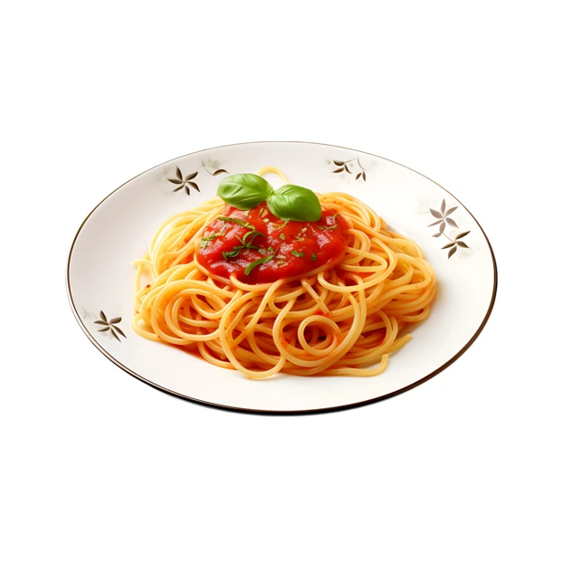 Spaghetti pasta with tomato sauce and fresh basil garnish