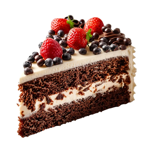 Slice of layered chocolate cake topped with fresh berries