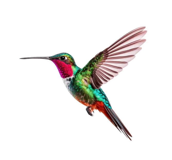 Colorful hummingbird in flight isolated on white background