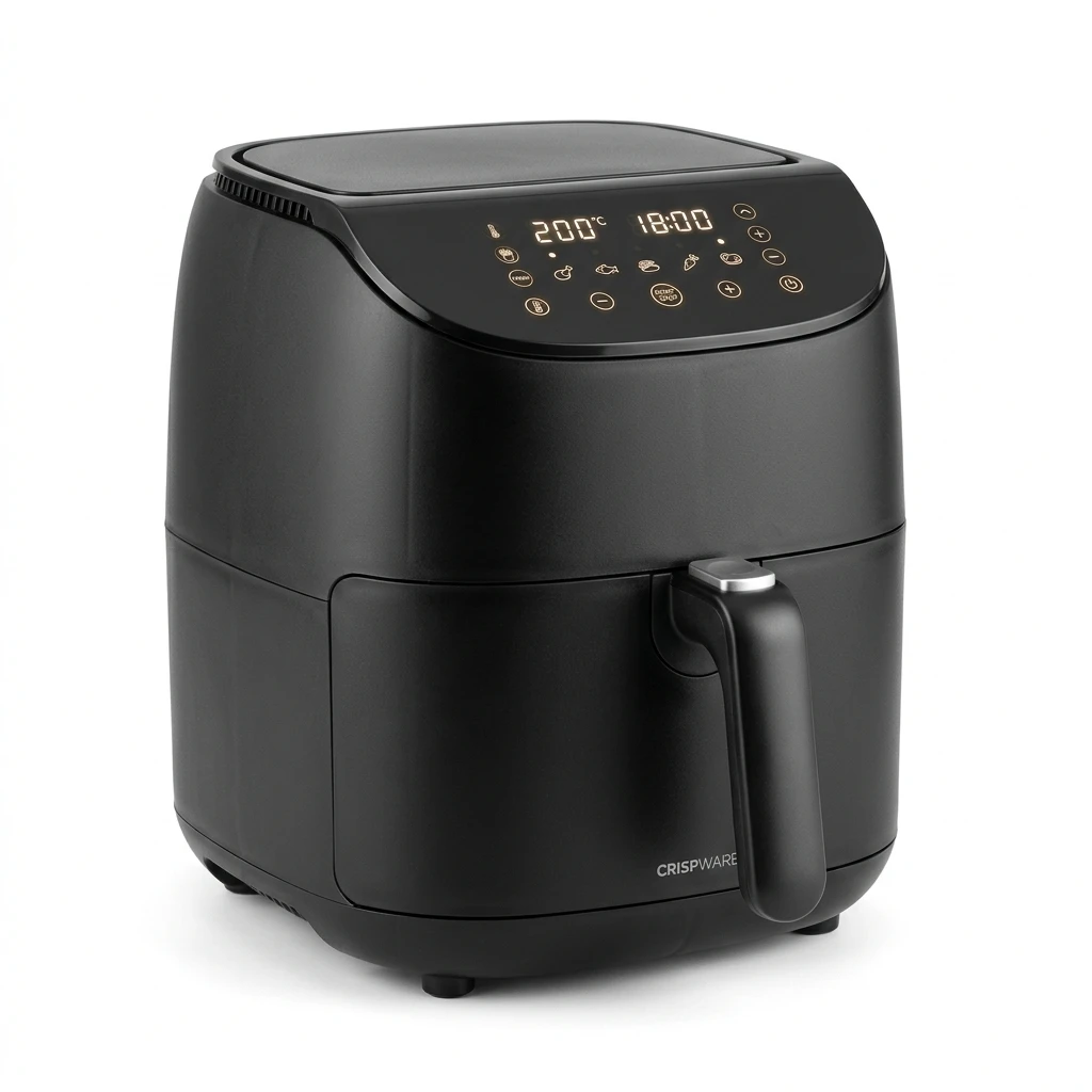 Modern black digital air fryer on white background