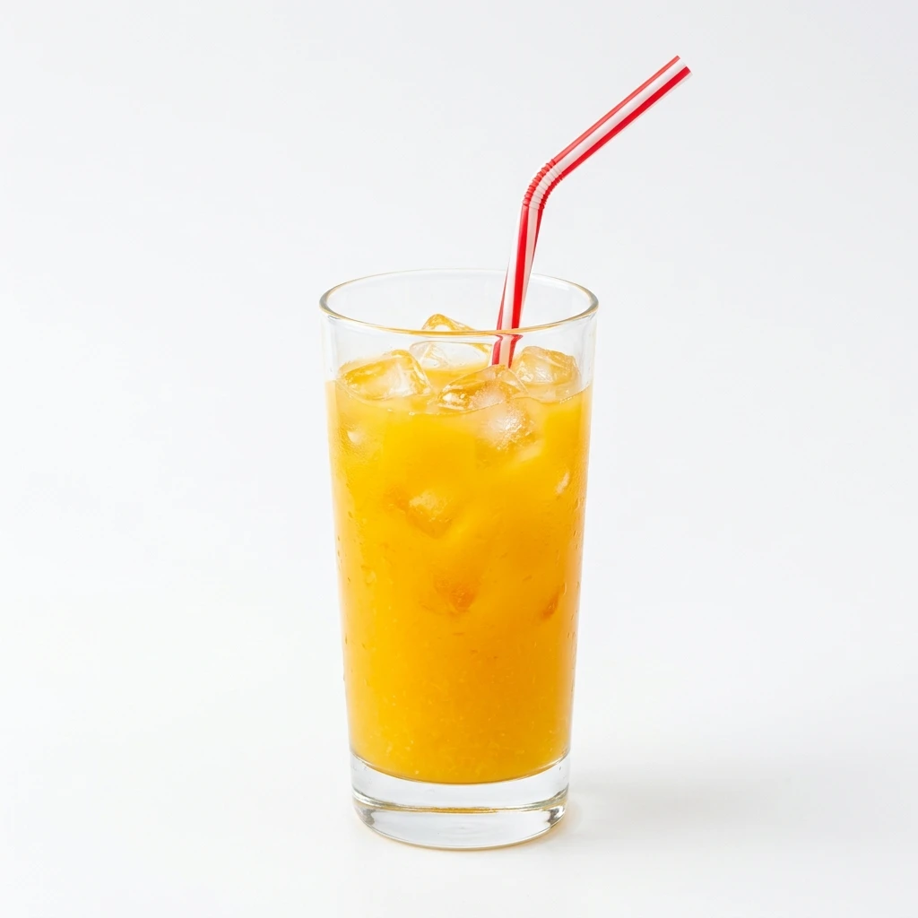 Glass of orange juice with ice and striped straw