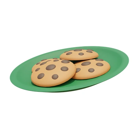 3D rendering of chocolate chip cookies on a green plate