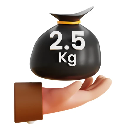 3D illustration of a hand holding a 2.5kg weight bag