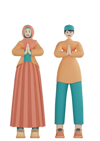 3D illustration of Muslim man and woman in traditional greeting