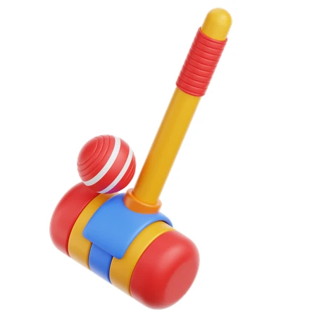Colorful toy croquet mallet and striped ball on white