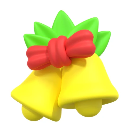 3D cartoon Christmas bells with red bow and green leaves