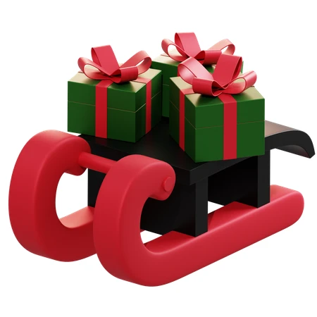 3D red Christmas sleigh with green gift boxes