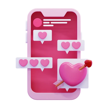3D pink smartphone with romantic hearts and chat bubbles