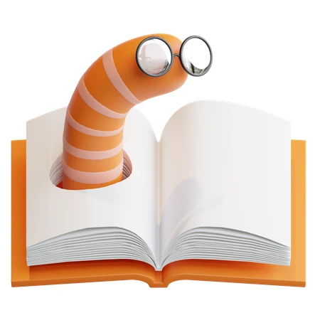 3D cartoon bookworm with glasses reading an open book
