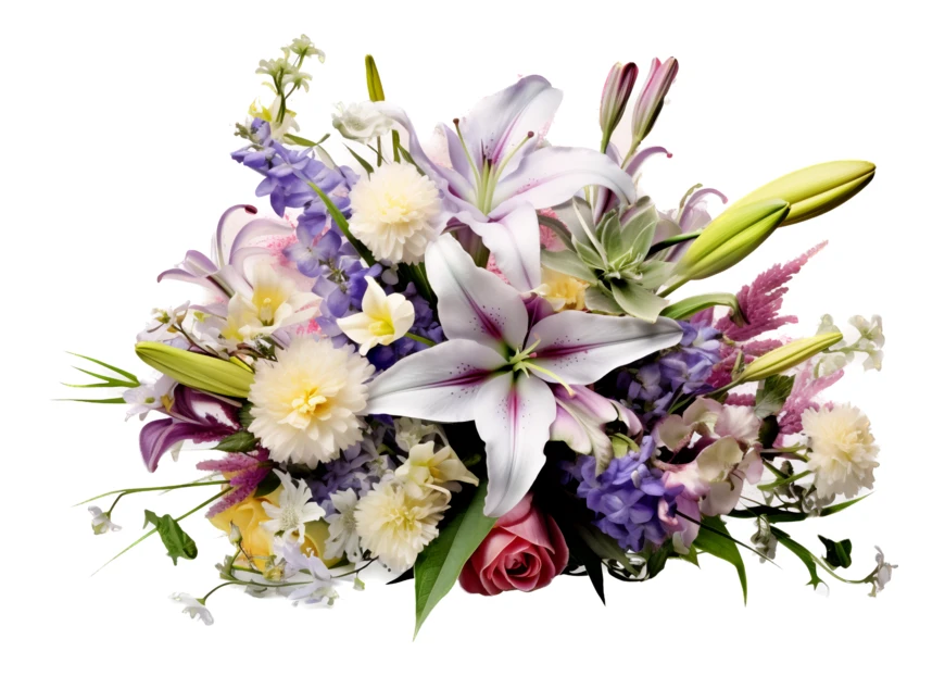 Mixed floral bouquet with lilies and roses on white background