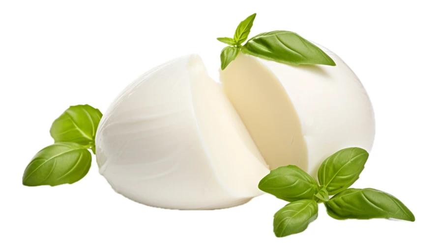 Fresh mozzarella cheese ball with basil leaves on white background