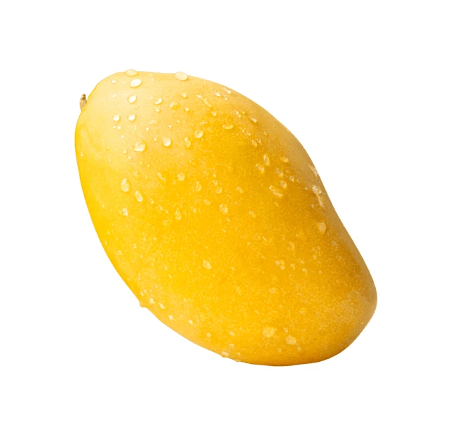 Ripe yellow mango with water droplets isolated on white