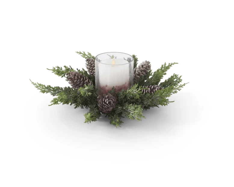 Christmas candle centerpiece with pinecones and evergreen sprigs