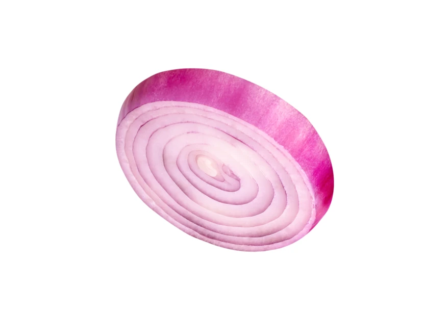 Single slice of red onion isolated on white background