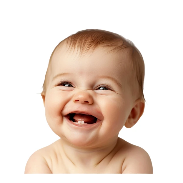 Happy laughing baby showing first teeth isolated on white background
