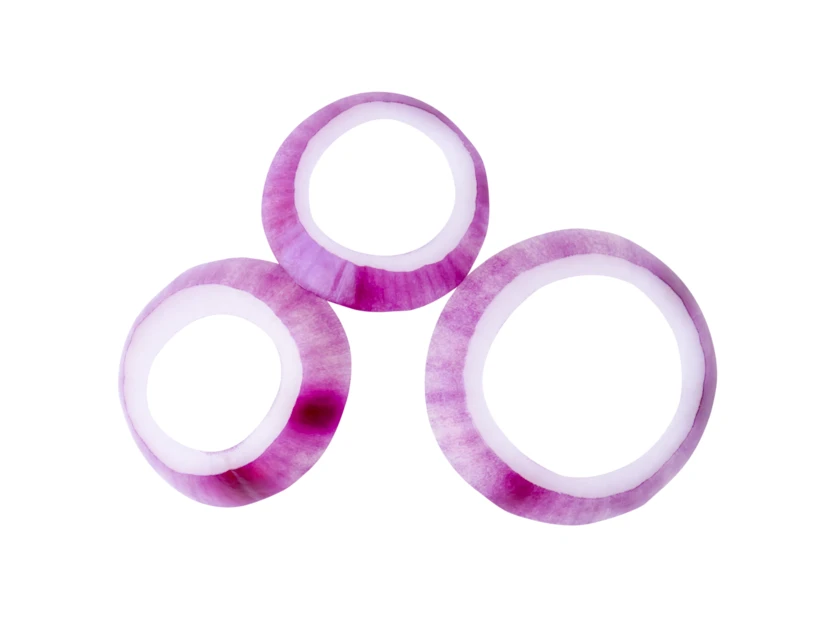 Three red onion rings isolated on white background
