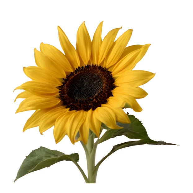 Single yellow sunflower with stem isolated on white background