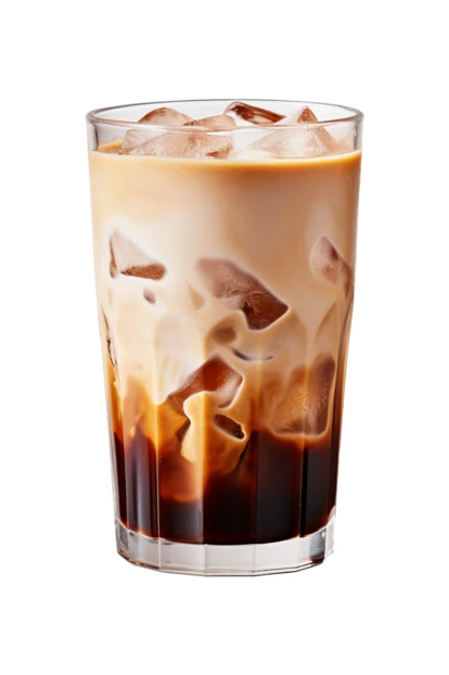 Iced coffee with swirling milk isolated on white background