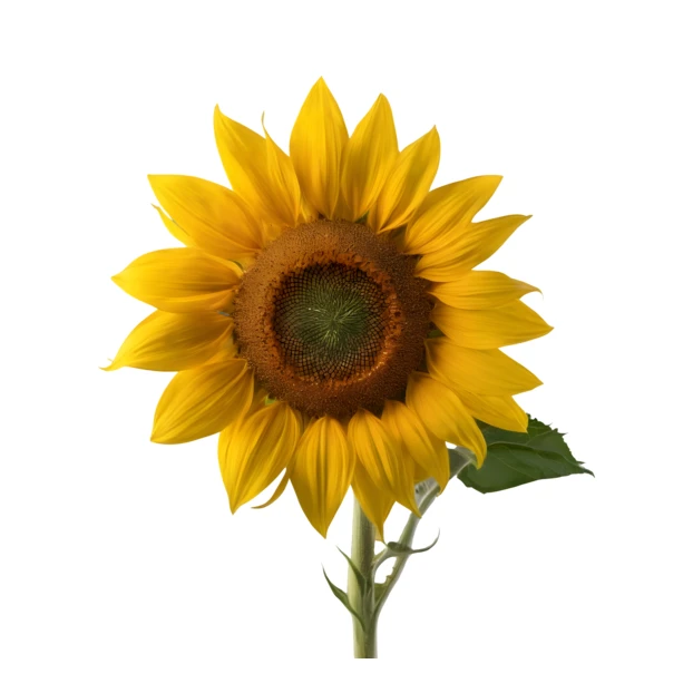 Single yellow sunflower with green stem on white background