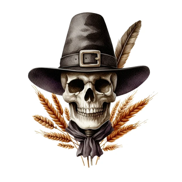 Human skull wearing a pilgrim hat with harvest wheat stalks