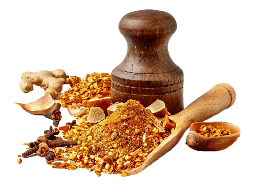 Assorted spices with wooden mortar, pestle and scoop