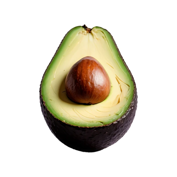 Half of a ripe avocado with pit on white background