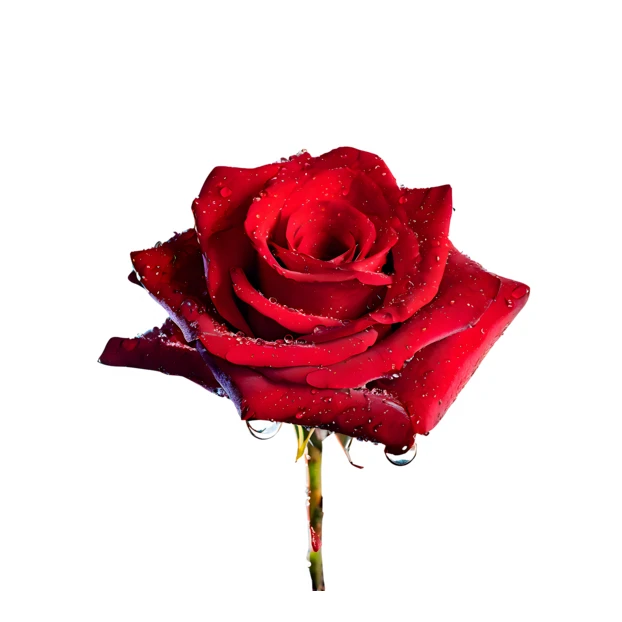Single red rose with water droplets isolated on white