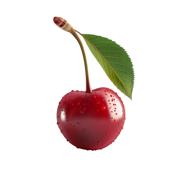 Fresh red cherry with leaf and water drops on white