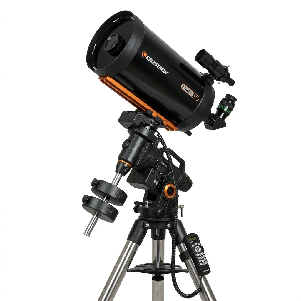 Professional astronomical telescope on equatorial mount isolated on white