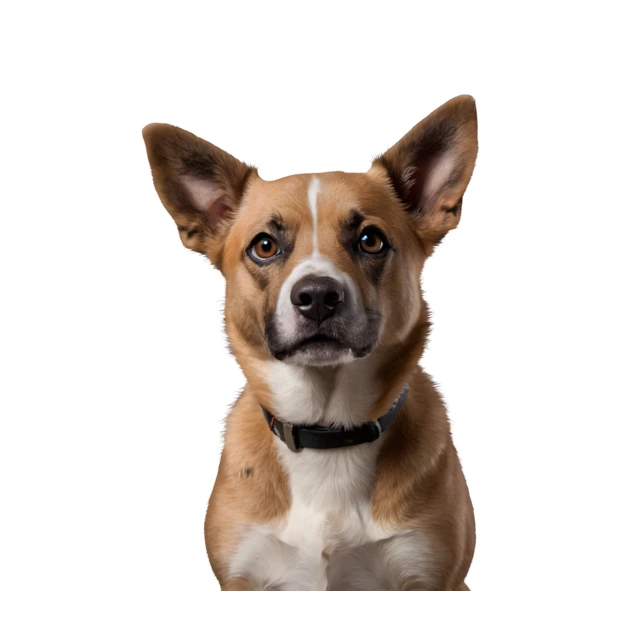 Portrait of a brown and white dog with pointed ears