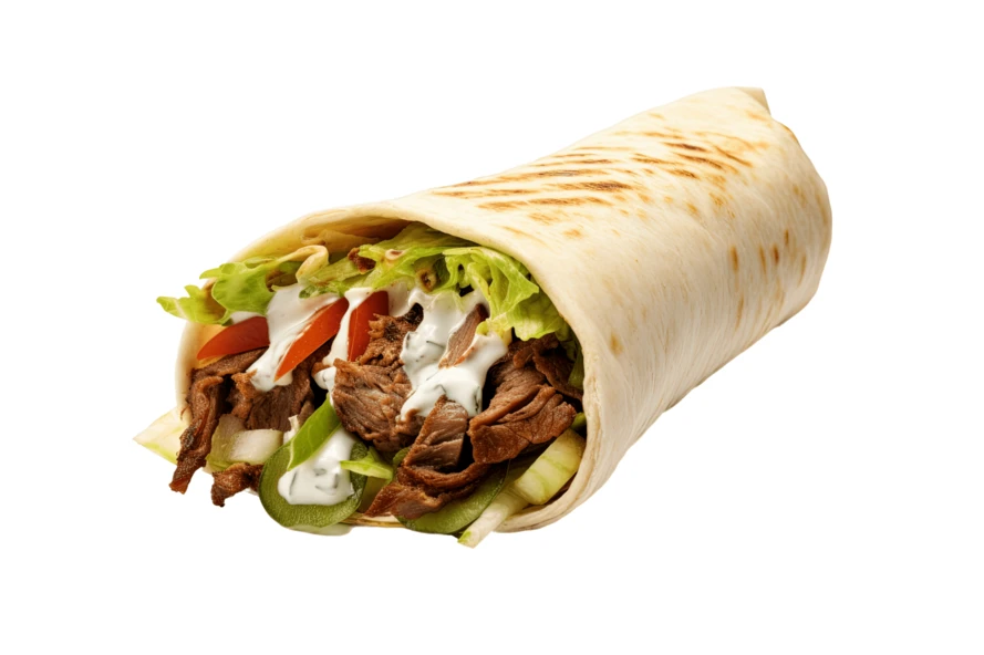 Beef wrap with vegetables and sauce on white background