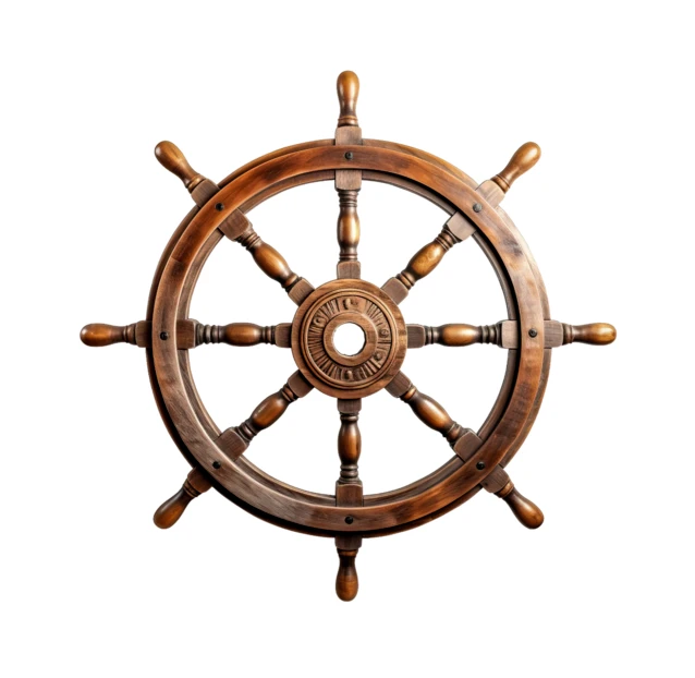 Vintage wooden ship steering wheel isolated on white background