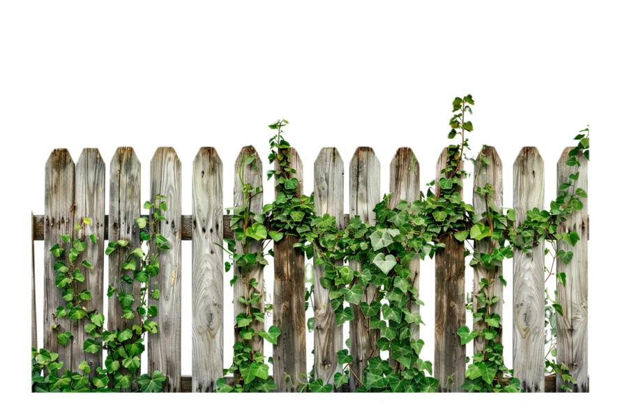 Rustic wooden picket fence with climbing green ivy isolated