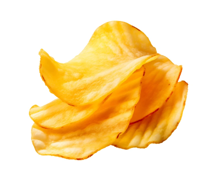 Stack of ridged potato chips isolated on white background