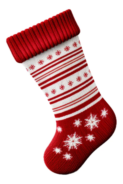 Red and white knitted Christmas stocking with snowflake pattern