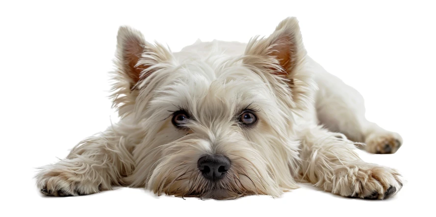 West Highland White Terrier lying down on white background