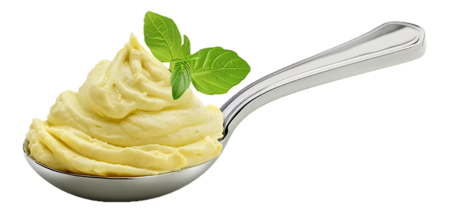 Mayonnaise swirl on silver spoon with basil isolated on white