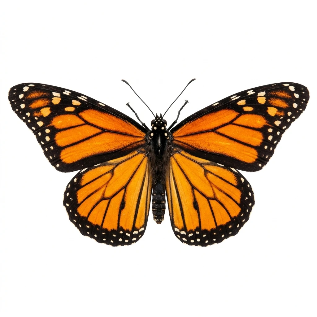 Monarch butterfly with wings spread isolated on white background