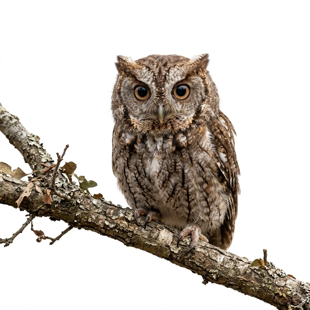 Eastern screech-owl perched on a tree branch, white background