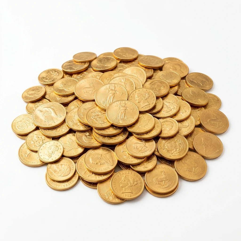 Large pile of various gold coins on white background