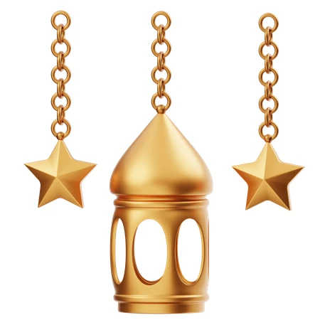 3D golden Islamic lantern and stars hanging on chains