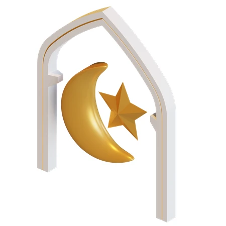 3D render of Islamic arch with crescent moon and star