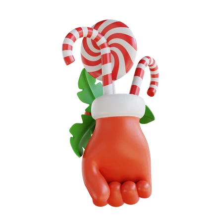 3D cartoon hand holding Christmas candy canes and lollipop