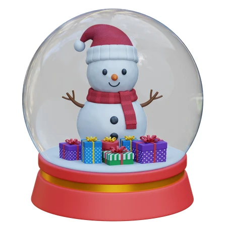 3D render snow globe with snowman and wrapped gifts