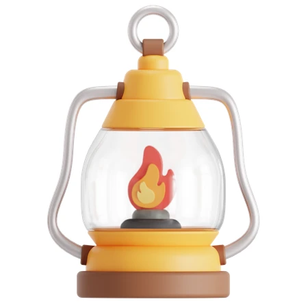 3D rendered yellow camping lantern with a flame inside