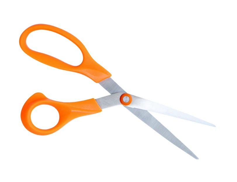 Open scissors with orange handles on white background