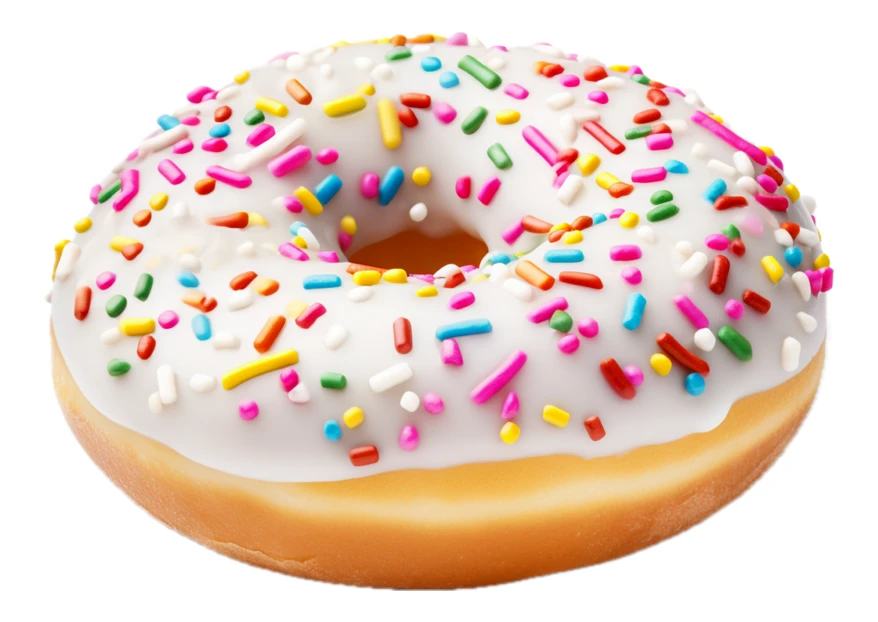 White iced donut with rainbow sprinkles isolated on white