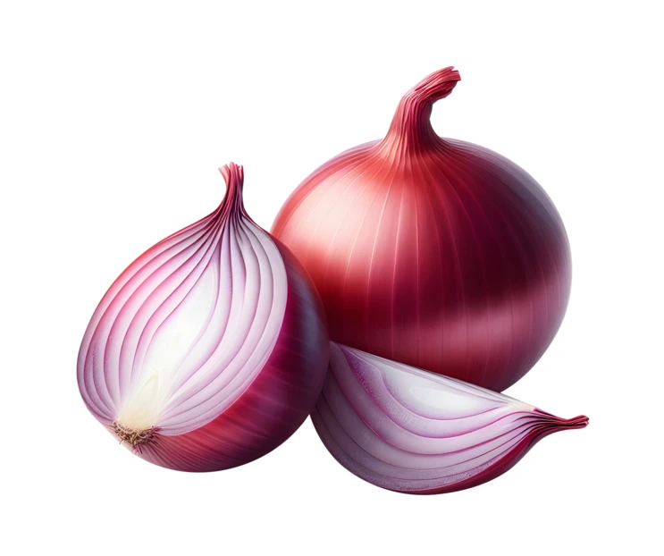Whole and sliced red onions isolated on white background